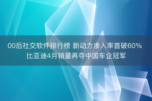 00后社交软件排行榜 新动力渗入率首破60% 比亚迪4月销量再夺中国车企冠军